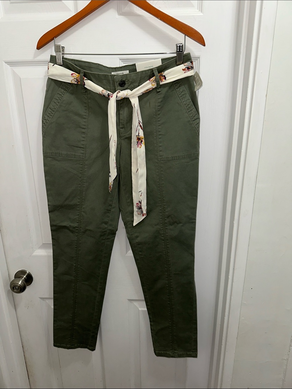 Maurices Olive Green Slouchy Chino Pants with Floral Scarf Belt